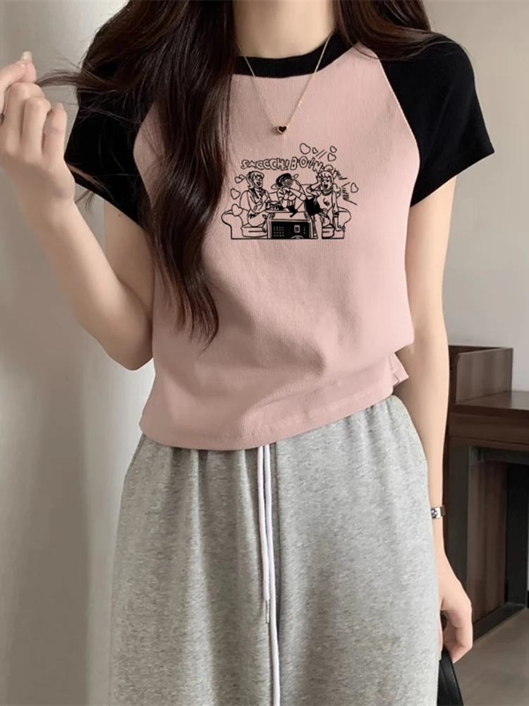 Летняя футболка из чистого хлопка реглан контрастного цвета с короткими