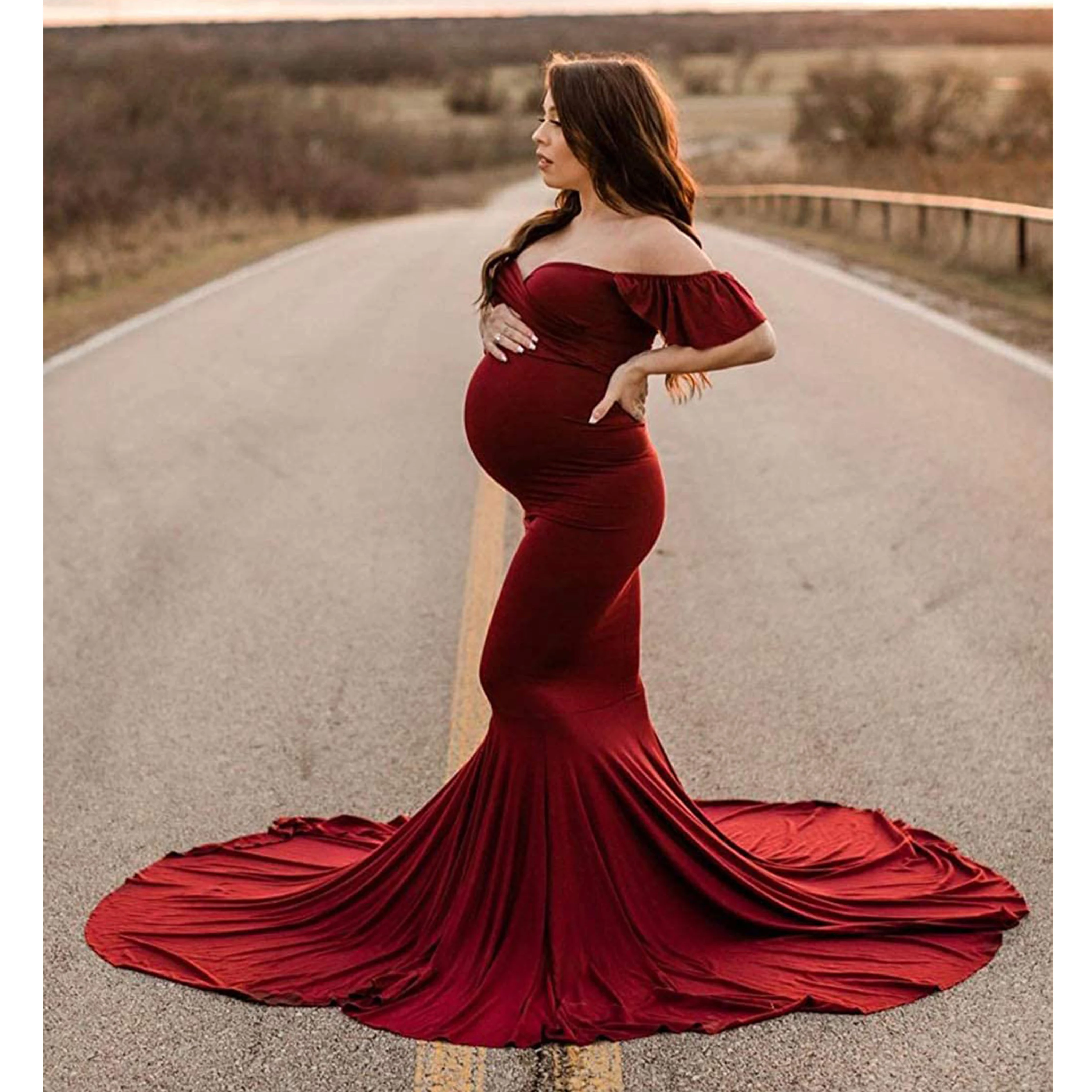 

Long Section Tail Maternity Dresses For Photo Props Dress Pregnant Women Ruffle Sleeve Maxi Pregnancy Dress for Baby Showers