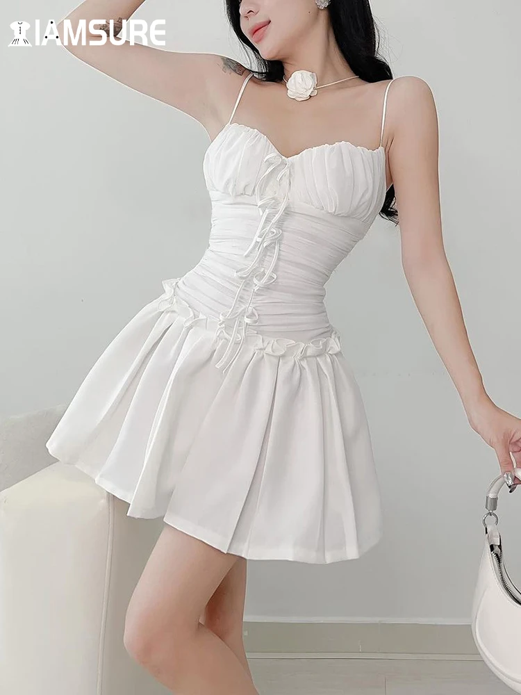 

IAMSURE Основы Чистый цвет с привязкой Складное платье с буквой А Сексуальное платье с наклонными воротничками Мини - платье без рукавов Дама элегантное лето 2023