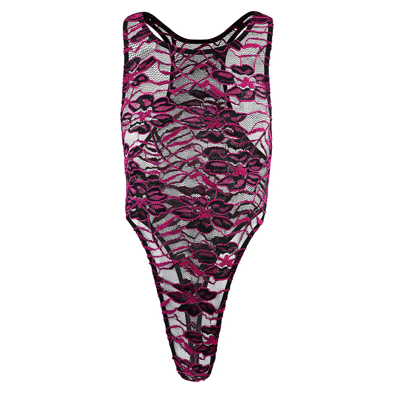 

Mens Semi See-through Floral Lace Lingerie One-piece Mankini Leotard Sleeveless High Cut Racerback Bodysuit Sissy Nightwear