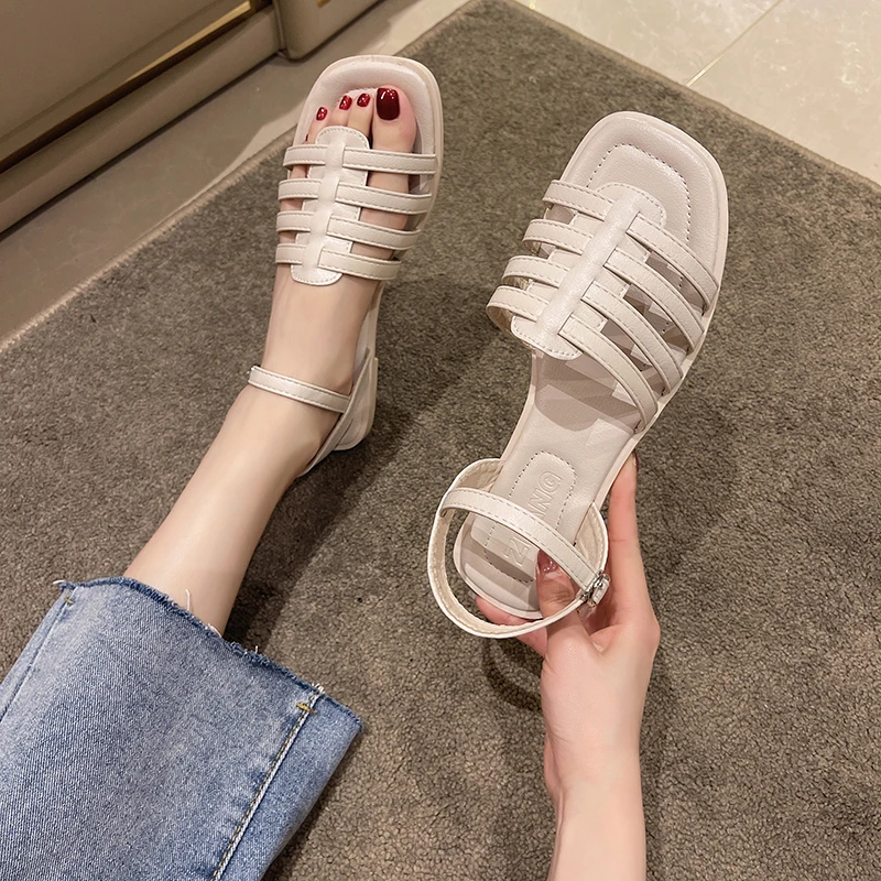 

Beige High Heel Sandals Retro Women's Shoes Summer Original Fashion Gladiator Comfortable Plain Strap Casual Sandals Women