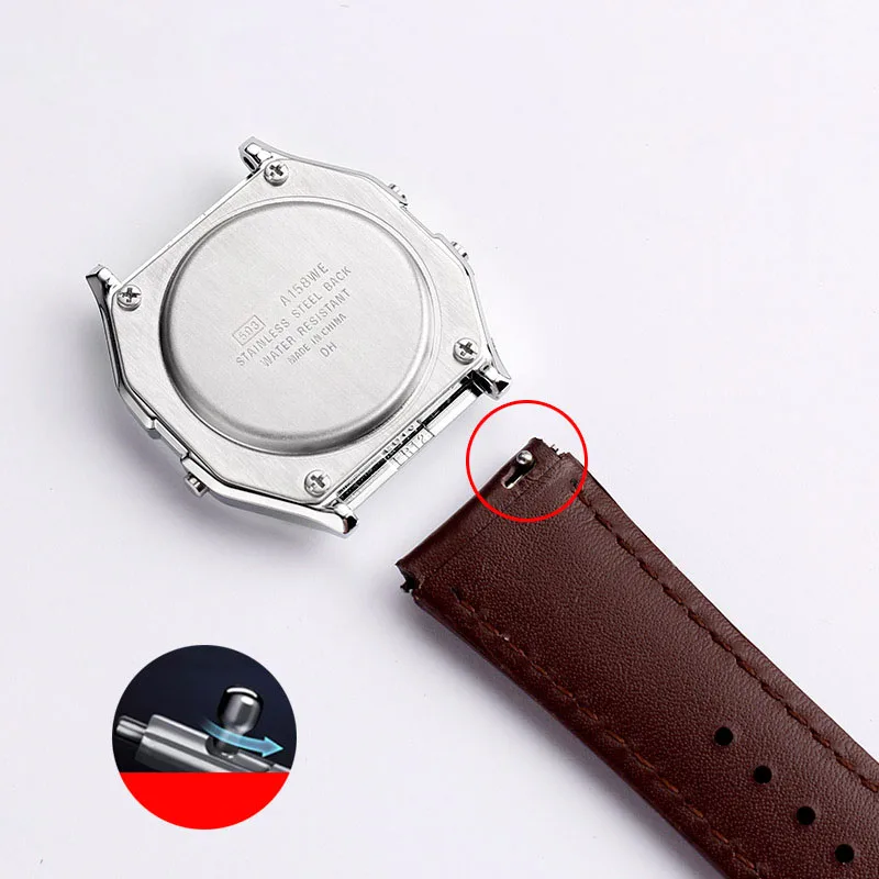 Фото Кожаный ремешок для часов Casio A159W-N1 A158WA A168, винтажный маленький квадратный металлический ремешок, быстросъемная цепочка, 18 мм ремешок для часов №2