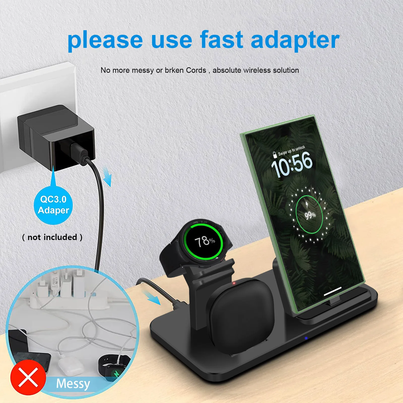 Беспроводное зарядное устройство 3 в 1 15 Вт для Samsung Galaxy S24 S23 S22 S21 Watch 7/6/5/4/3 Active 2 Buds