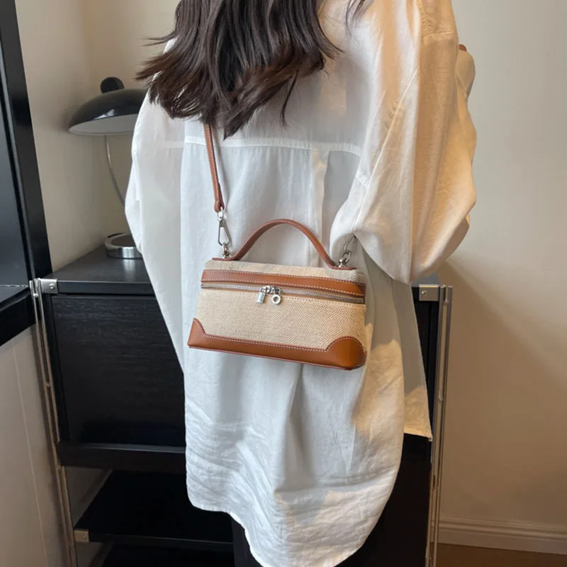 Portable Bucket Box Handbag Canvas Patchwork Fashion Crossbody Bags Ladies' Commuter Phone Storage Shoulder Bag Versatile Simple