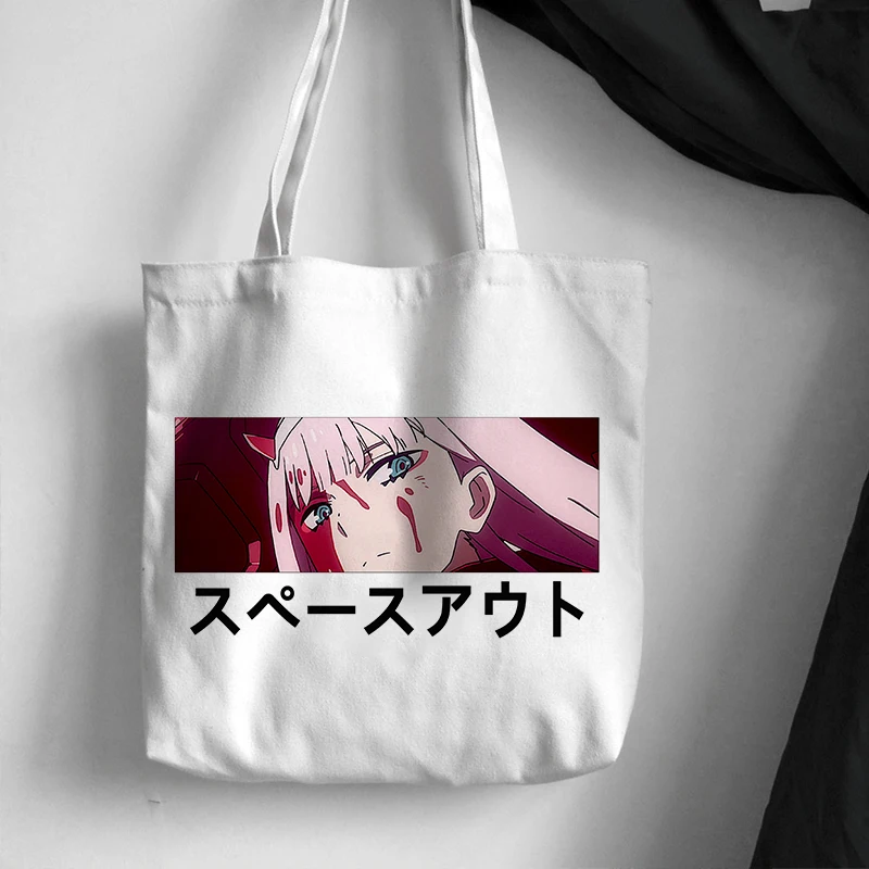 

Japanese Anime Cute Zero Two Darling In The Franxx Tote Bag Manga Shopper Bags Handbags Shoulder Bags Casual Canvas Shopping Bag