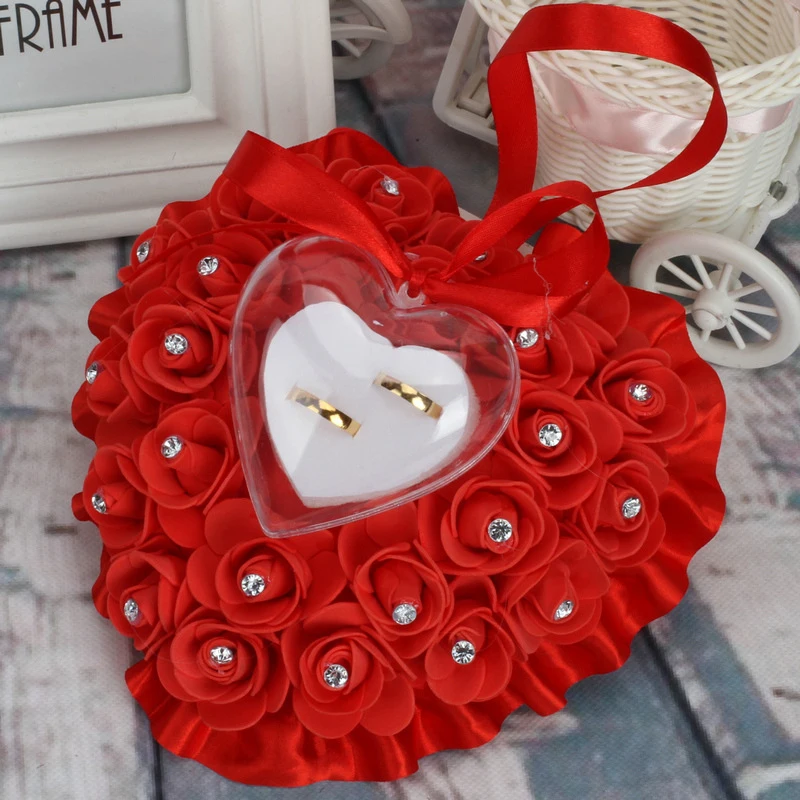 

Wedding Ring Bearer Rose Flowers Pillow Heart Shape Holder Cushion Rings Bearer Pillow Wedding For Valentine's Day Romantic Gift