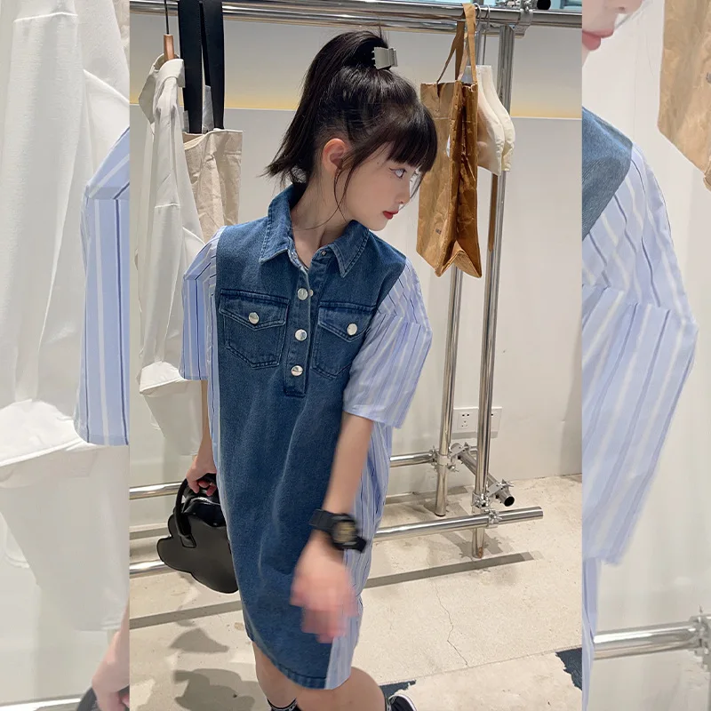 

Girls retro denim stitching dress 2022 summer new temperament striped midi skirt