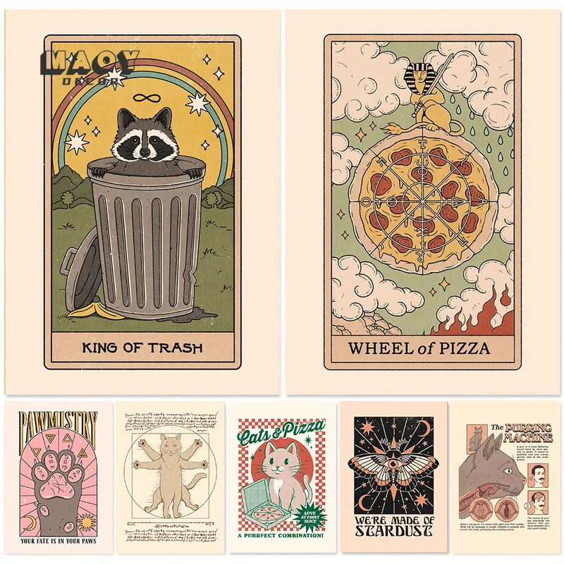

Stardust Witchery Tarot Poster Retro Kraft Paper Cards Wall Art Cat Decor Wine Pizza Abstract Prints Living Room Home Picture