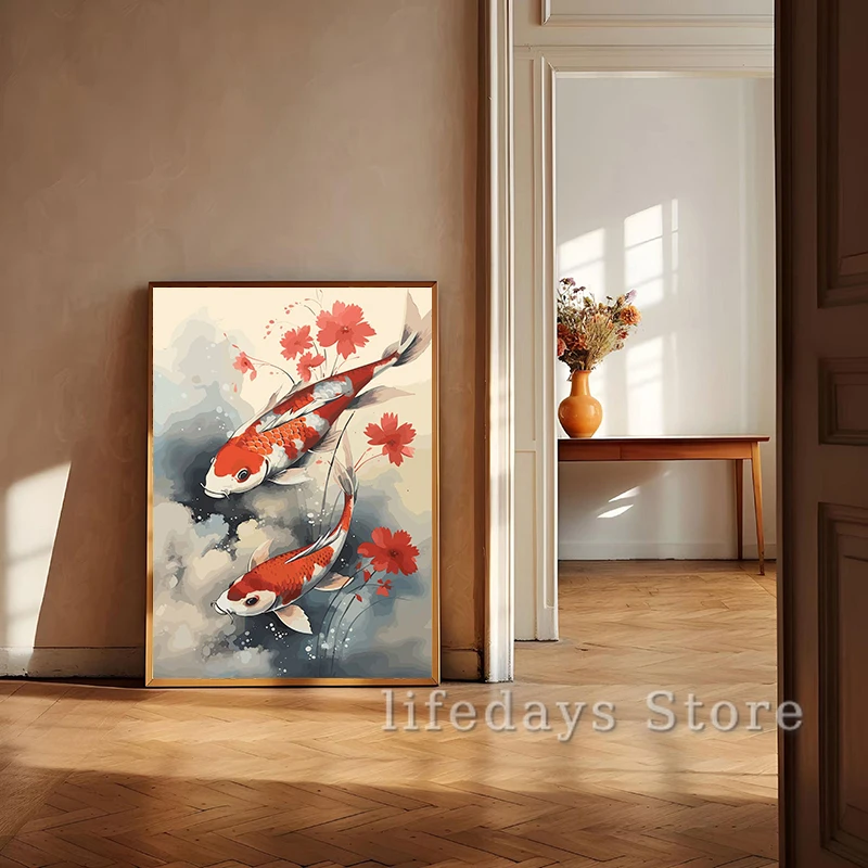 Японская красная рыба кои Ретро постер Чернила Карп Печать Холст Картина