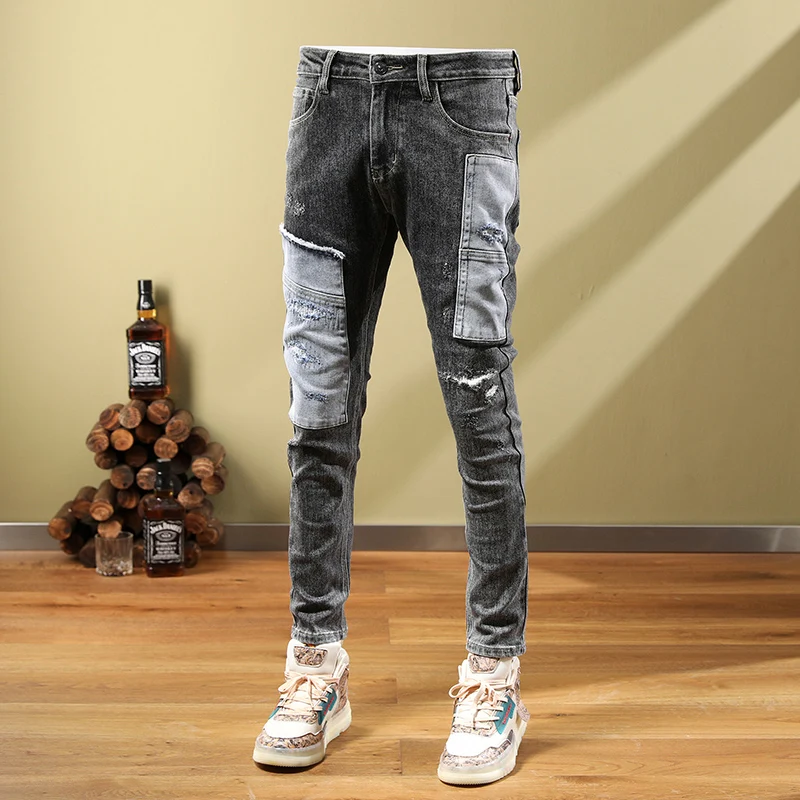 High Street Fashion Men Jeans Retro Black Gray Elastic Skinny Fit Ripped Jeans Men Patched Designer Hip Hop Stretch Pants Hombre
