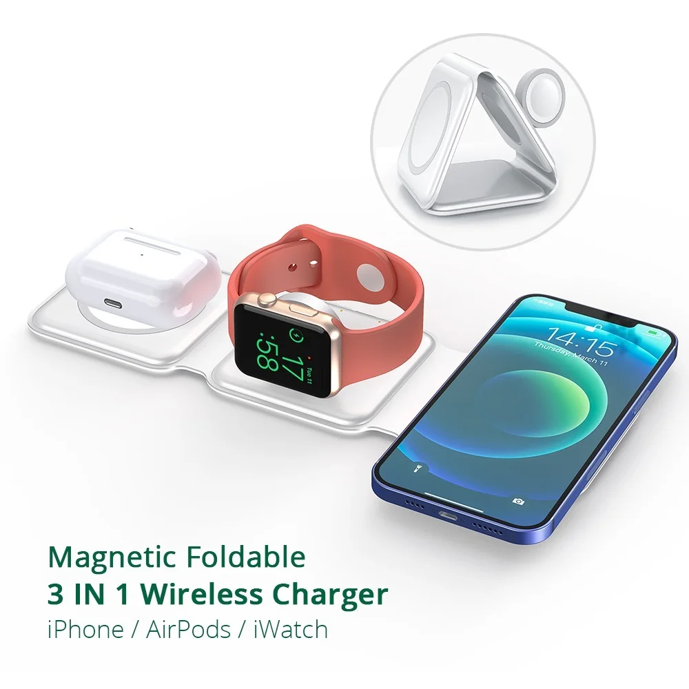 

3 в 1, складное Беспроводное зарядное устройство для iPhone 13 12 Pro Max, магнитное портативное беспроводное зарядное устройство для Apple Watch 7/Airpods 3