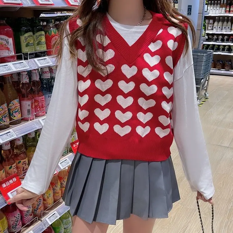 

New Red Love Heart Spring Fall Cute V-neck Knit Sleeveless Sweater Vest Loose Out Coat Lady Top Cloth for Women Girl Waistcoat