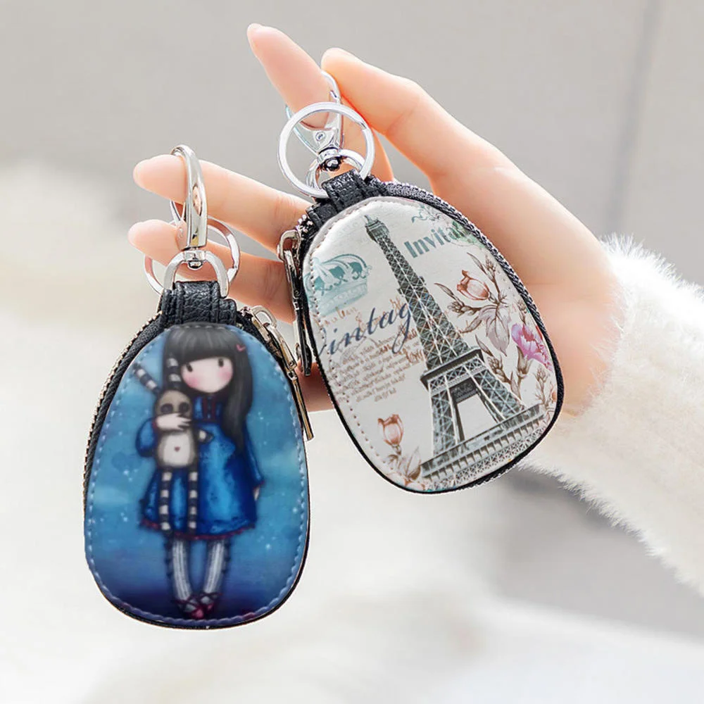 

Kawaii Leather Car Key Case Keychain Holder Coin Purse Wallet Bag For Women Girls With Metal Hook Keyring Zipper Case Bag Wallet