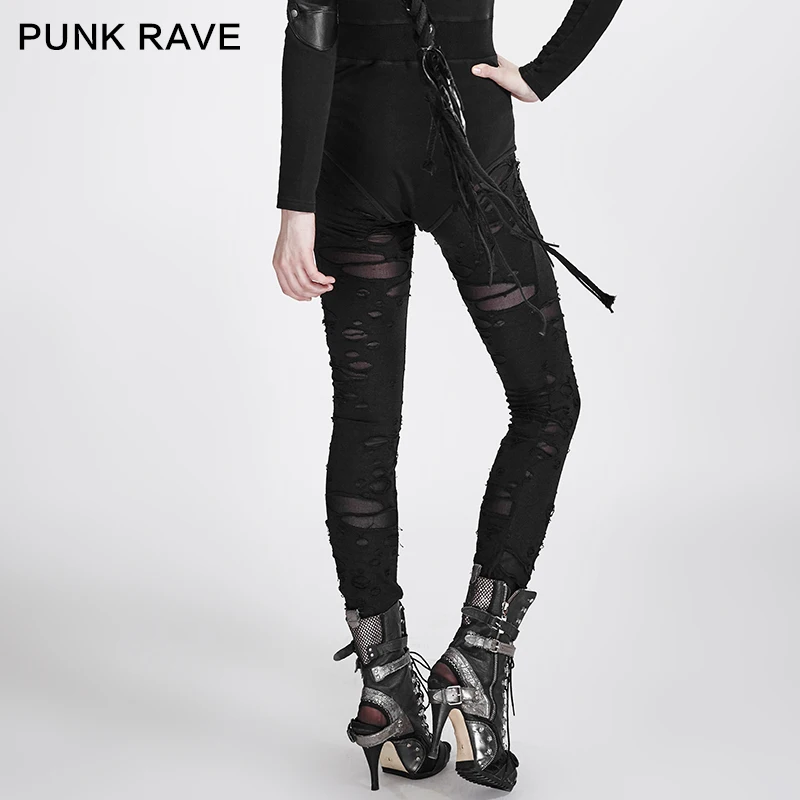 PUNK RAVE Fashionable and breathable Black Red Gothic Women High Elastic Holes Sexy Crocheted Broken Mesh Female Leggings Pants