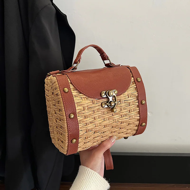 Boho Summer Rattan Beach Bags for Women Bohemian Woven Straw Bag Women Designer Handbags Small Shoulder Crossbody Bag PU Purse