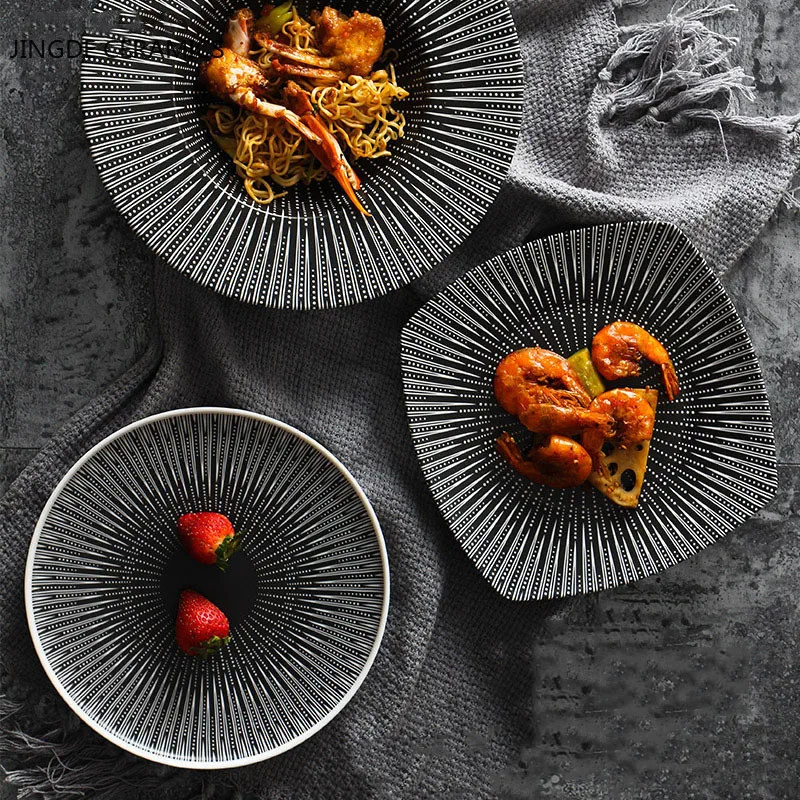 Керамическая посуда в полоску матовая черно-белая креативная для дома ресторана