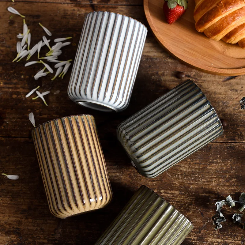 

Керамические чайные чашки в стиле ретро, чашки в полоску, персонализированные креативные шероховатые керамические кофейные чашки