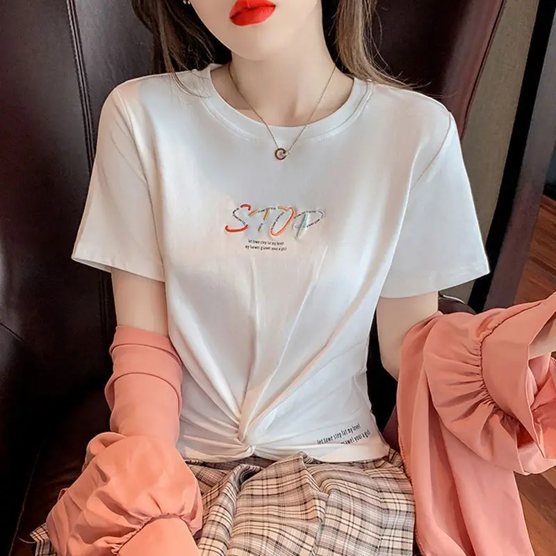 

Футболка женская хлопковая с коротким рукавом, облегающий белый розовый топ с вышивкой в Корейском стиле, в стиле Харадзюку, на лето