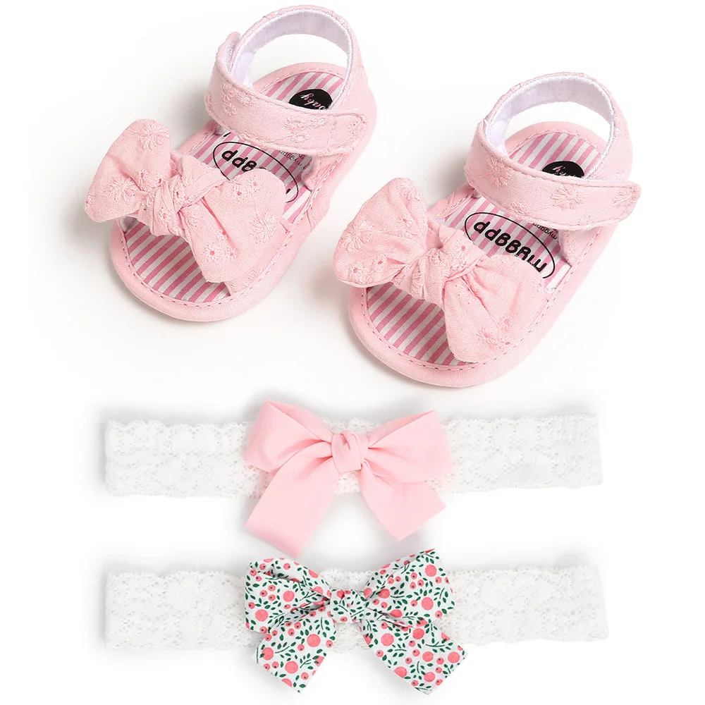 

Newborn Summer Baby Girls' Slipper Baby Sandals Infant Girl Solid Color Bow Baby Stripe Shoes Headdress