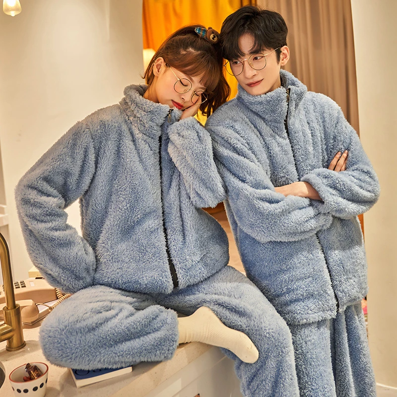 

Plush pajamas women's fall/winter cardigan zipper and fleece thick flannel pair loose men's home dress set