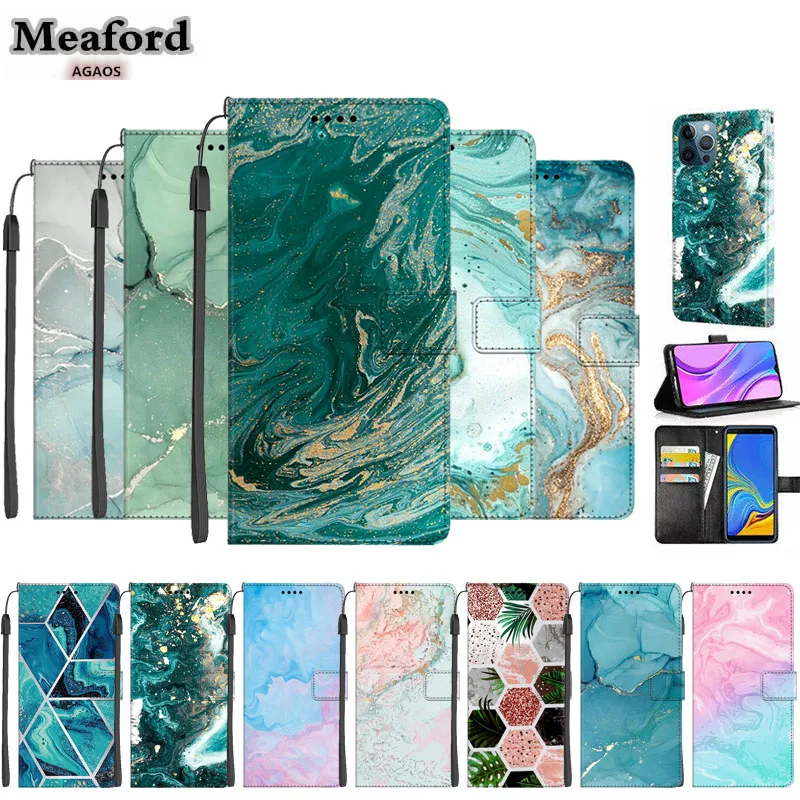 Marble Leather Case For Samsung S22 S21 S23 S24 Ultra Plus S20 FE Luxury Fashion Protective Shell Magnetic Wallet Shield Cover