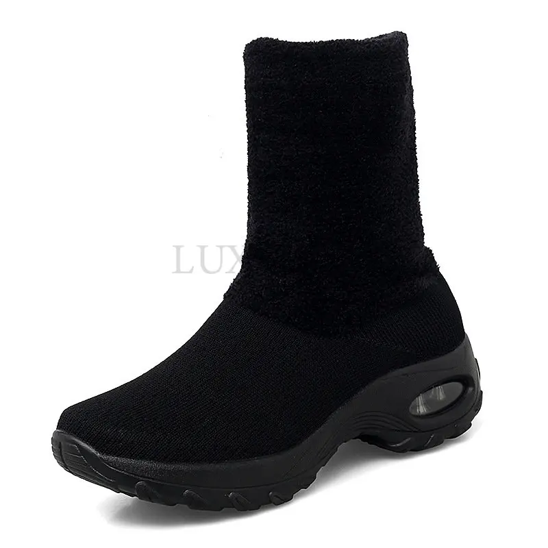 Women Snow Boots   Knitting Solid Color Round Shape Breathable Keep Warm Add Cotton Air Cushion   Shoes