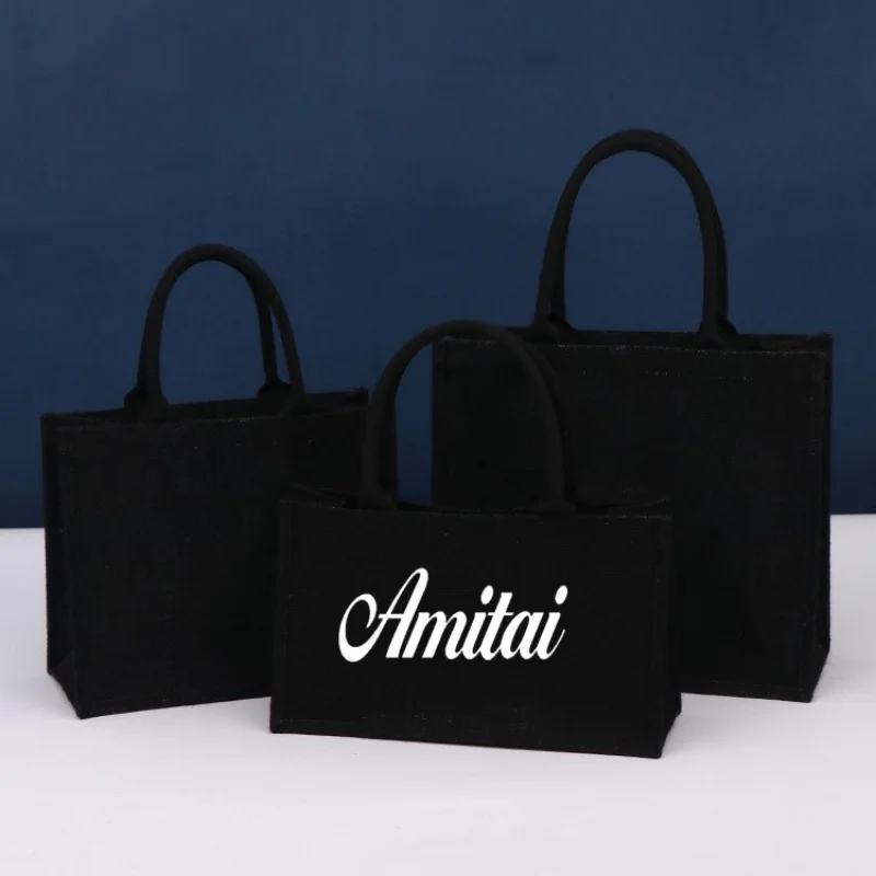 Персонализированная черная льняная большая сумка подарочная из джутового льна с
