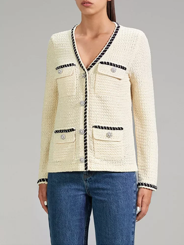 

Women Cardigan Striped V-Neck Beaded Button Multiple Pockets Single Breasted Long Sleeve Sweet Coat