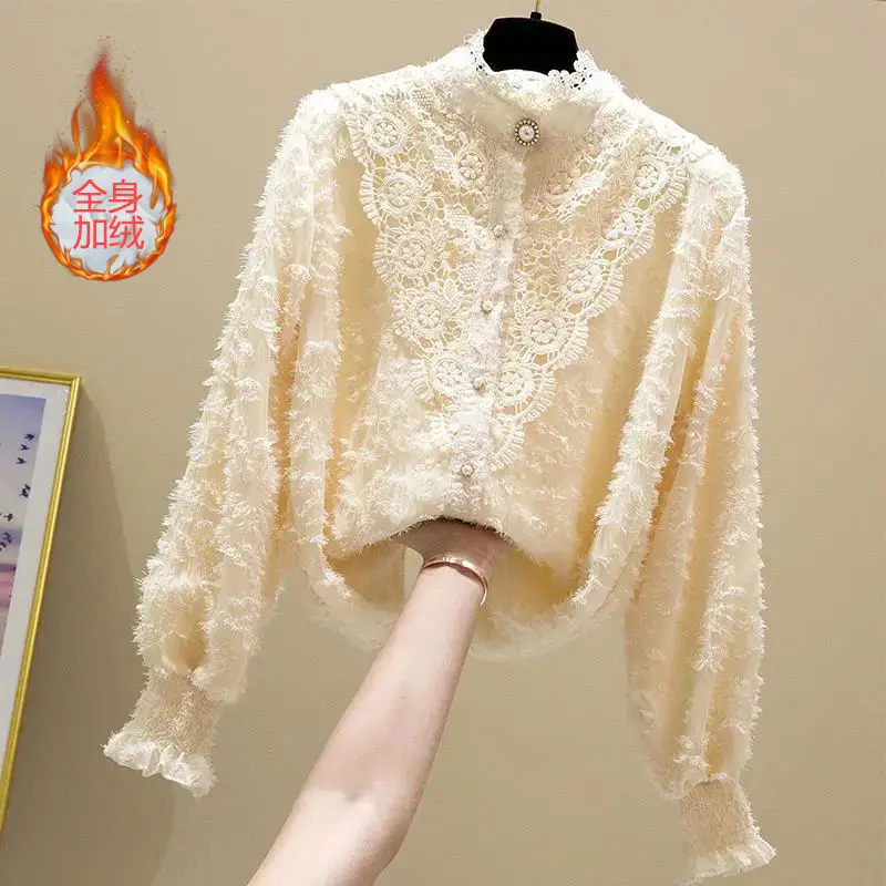 

Autumn Korean Sweet Loose Clothes Lace Up Ruffled Women Blouses Fashion Stand Collat Ladies Tops Vintage Lace Shirts Women A99