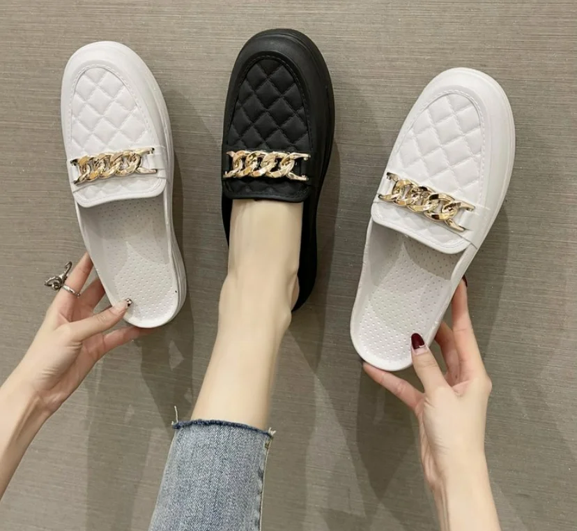 

New Chain Mules Women Slippers Slides Square Toe Ladies Shoes Summer Fashion Footwear Plus Big Size