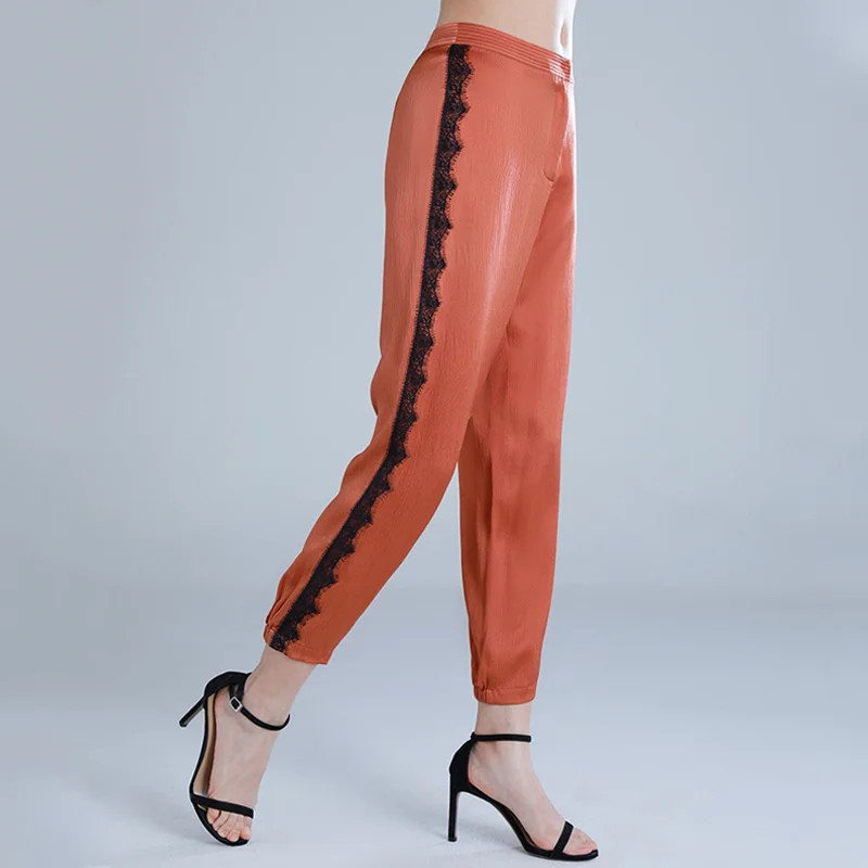 

2022 Summer New Arrival 95%mulberry silk lace stitching casual Leggings women's thin summer thin Harem pants summer 22k021