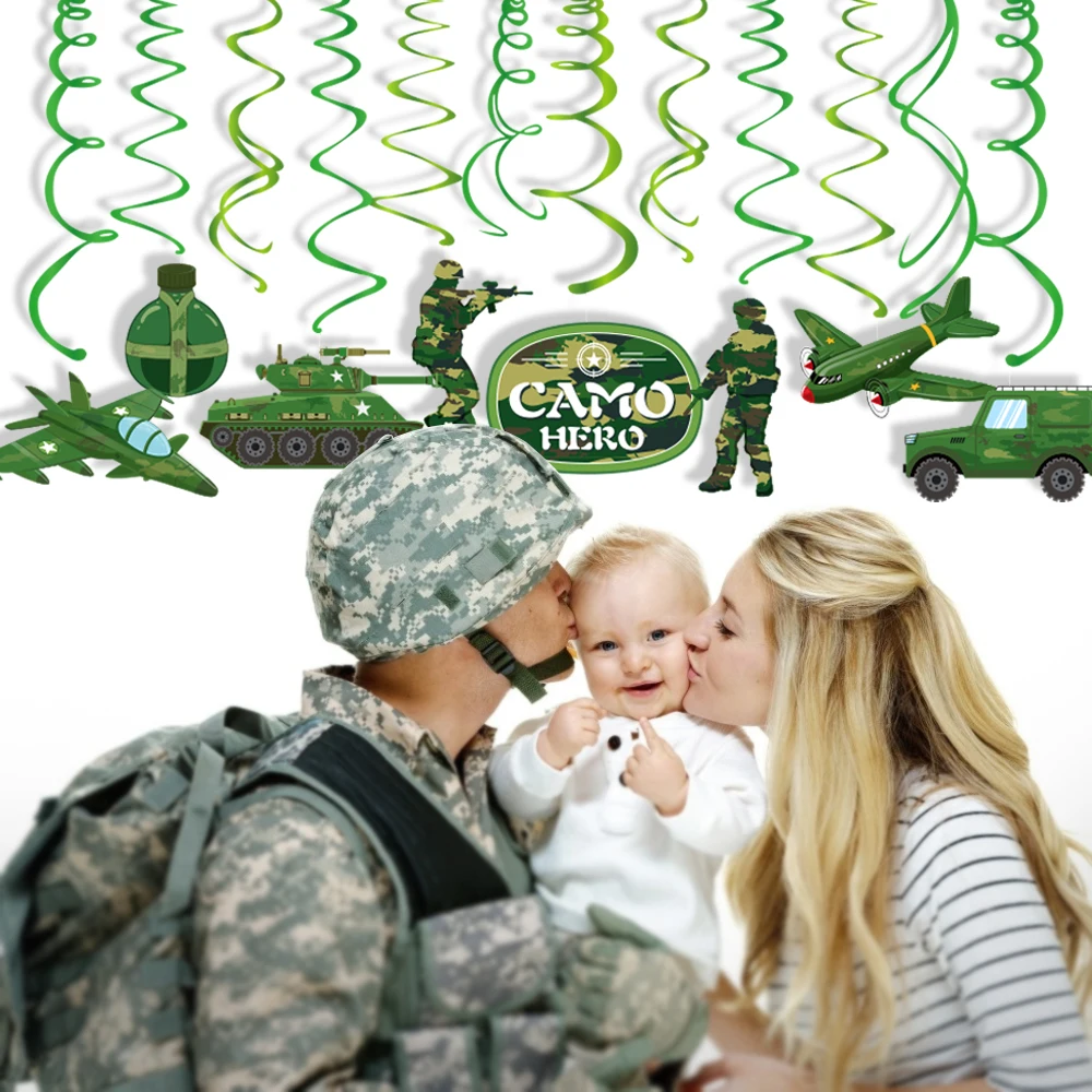 

30pcs Army Officers Soldiers Camo Theme Ceiling Swirl Banner DIY Hanging Spiral Backdrop Wall Baby Shower Birthday Party Decor