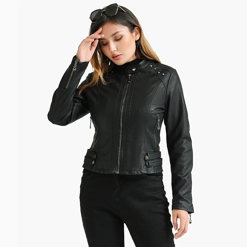 SANTELON Autumn Women Faux  PU Leather Jackets Coats With Velvet Fashion Soft Rivets Design Long Sleeve Casual Outwear