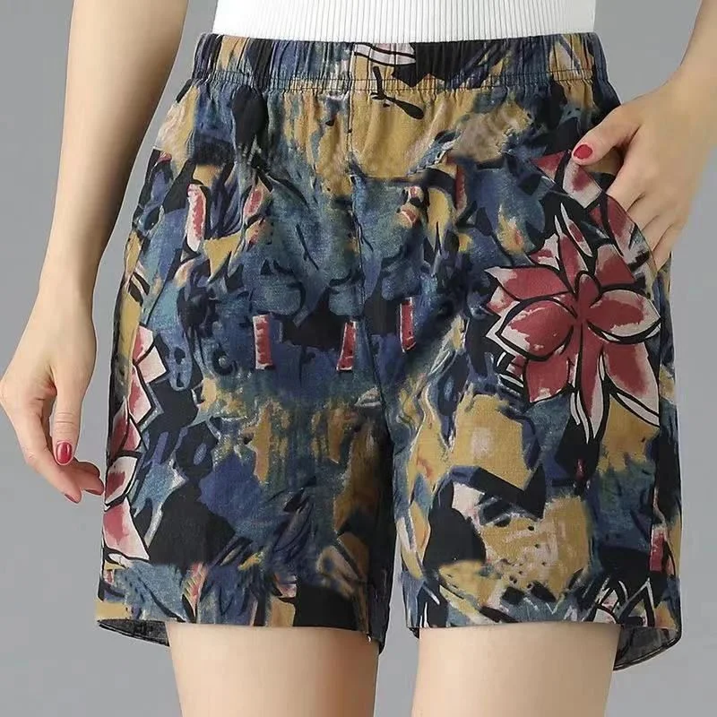 Short Pants for Woman To Wear Linen Cotton Print Loose Home Women's Shorts Graphic With Belt Elastic Waist Baggy Low Price Cheap