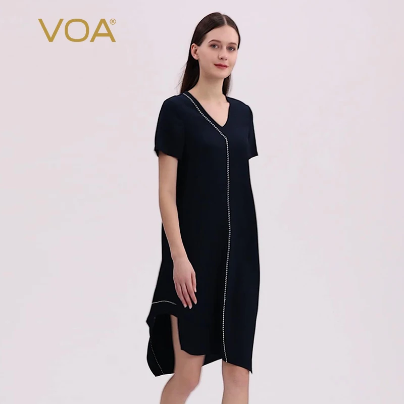

VOA Heavy Silk Navy Blue V-neck Short-sleeved Loose Waist White Thread Embroidered Irregular Hem A Version Dovetail Dress AE73