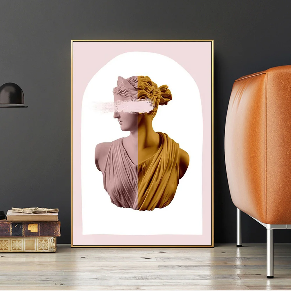 

Abstract Greek Woman Statues Canvas Poster Picture Golden And Pink Sculpture Art Prints Wall Painting For Living Room Decoration