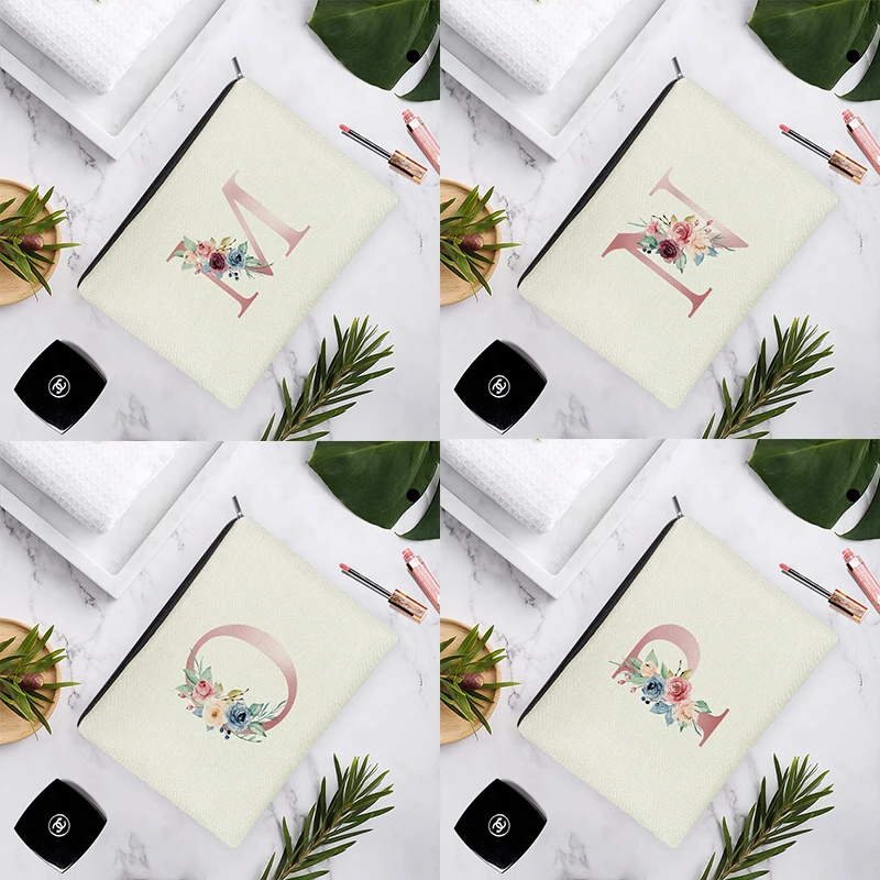 

Simple Little Pink Rose Flower English Alphabets White Linen Cosmetic Bag For Women Makeup Easy Carry Storage 15x22cm/18x25cm
