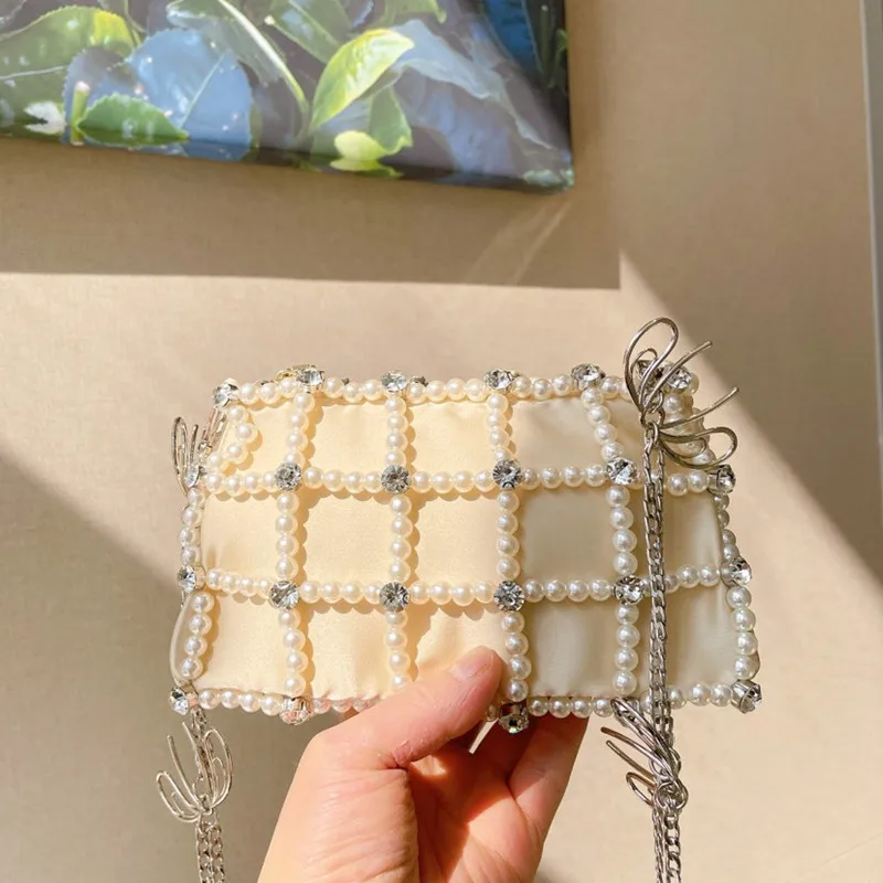Bag women 2022 new Korean net red rhinestone pearl chain small square bag mobile phone fashion shoulder messenger |