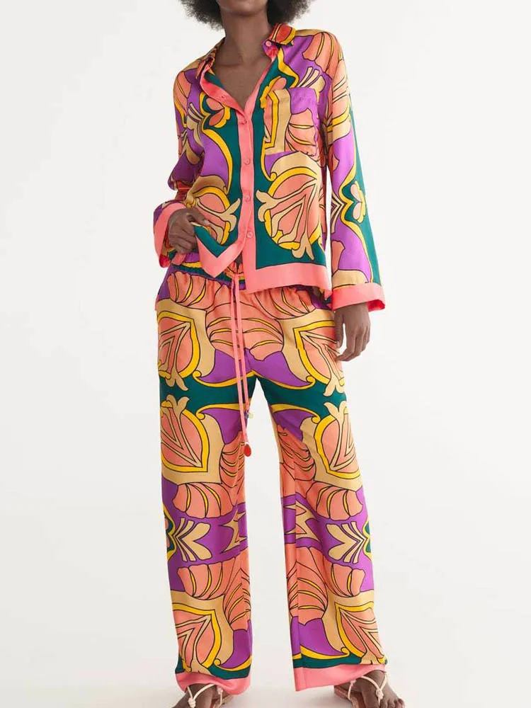 

Женский костюм-двойка с принтом Kumsvag, свободная рубашка и брюки в винтажном стиле, летний костюм, 2022