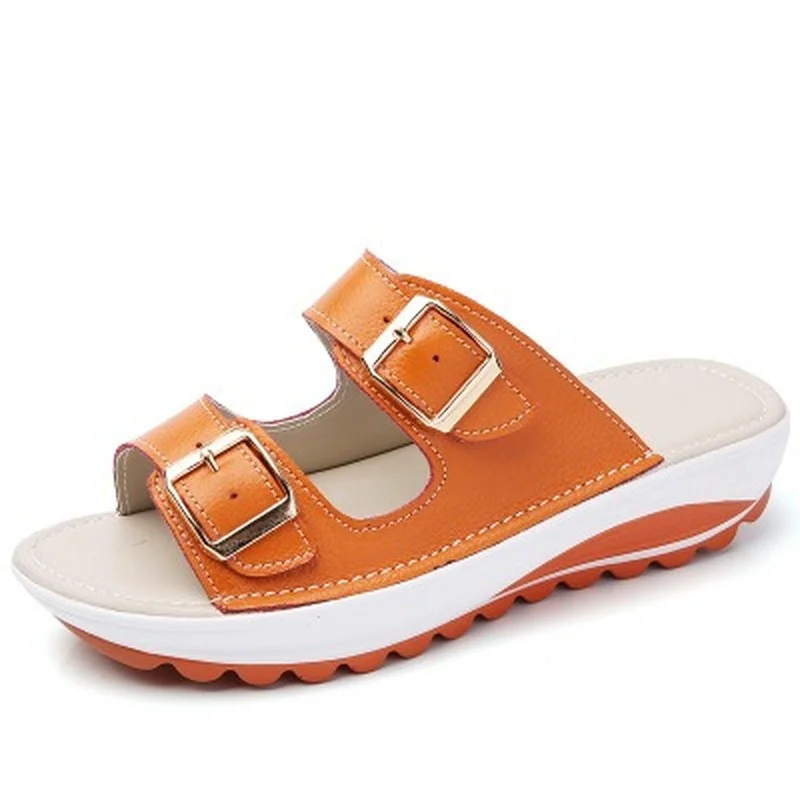 

Women Slippers Summer Fashion Pu Solid Buckle Female Platform Comfortable Outdoor Beach Ladies Plus Size Flats Shoes