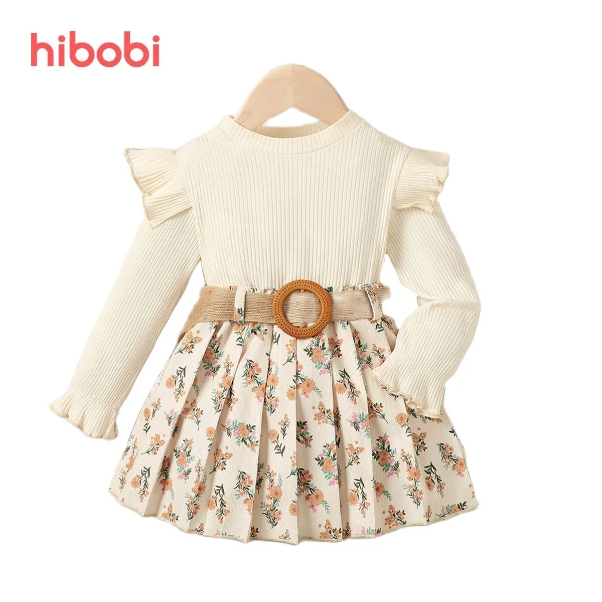 

Комплект одежды для девочек hibobi из 3 предметов, однотонный топ с длинным рукавом в рубчик и плиссированная юбка с цветочным рисунком и пояс