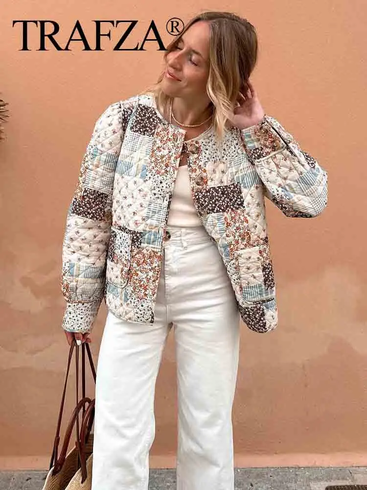 

TRAFZA 2023 винтажные женские однобортные стеганые куртки с длинным рукавом, однобортное хлопковое пальто, женское короткое пальто, модная высокая уличная одежда