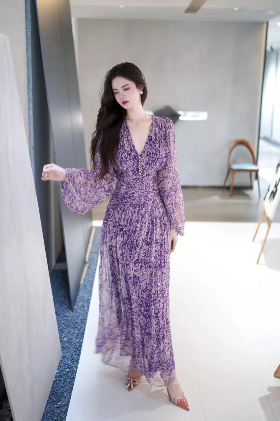 

Women's Purple Flower Printed V-Neck Slim Waist Long Sleeve Maxi Dress