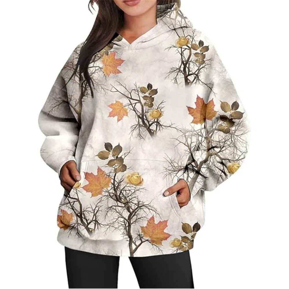 

Autumn/Winter New Women's Fashion Y2K Camo Hoodie Maple Leaf Print Extra Large Casual Pocket Long Sleeve Top Sports Clothing2024