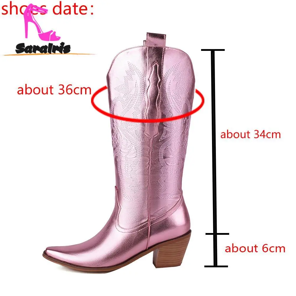 Western Vintage Style Metall Mid Calf Boots 2023 New Fashion Pointed Toe Western Boots High Quality Embroidery Lady Boots Winter
