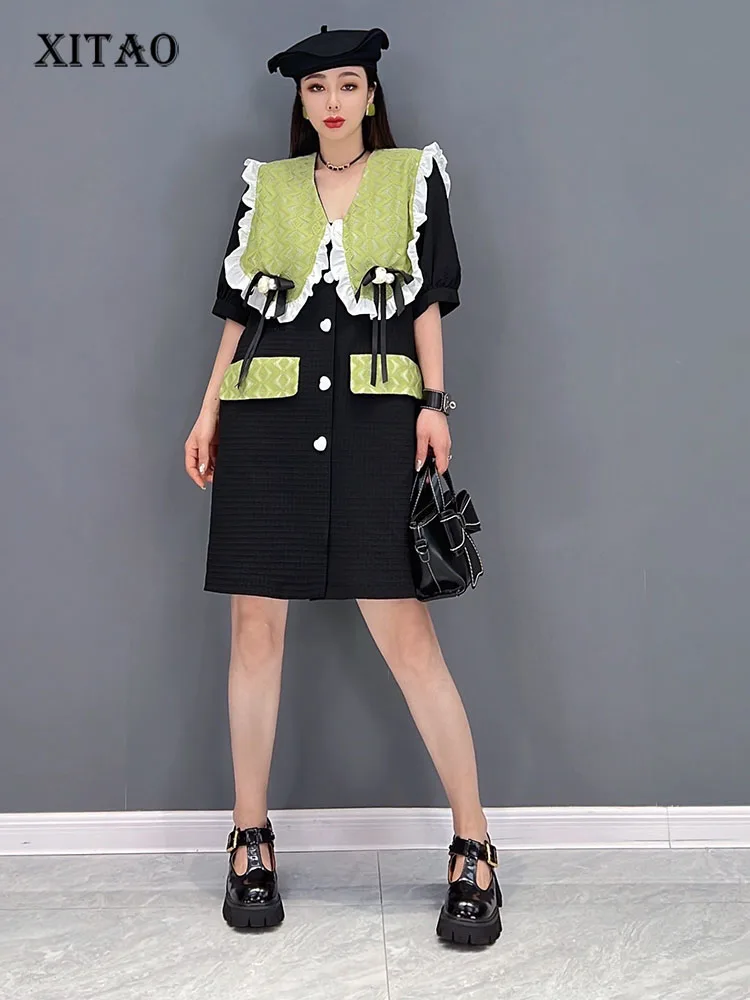 

XITAO Ruffle Dress Fashion Drawstring Small Fresh Casual Style Loose Pocket Patchwork 2022 Summer Minority Dress WLD7625
