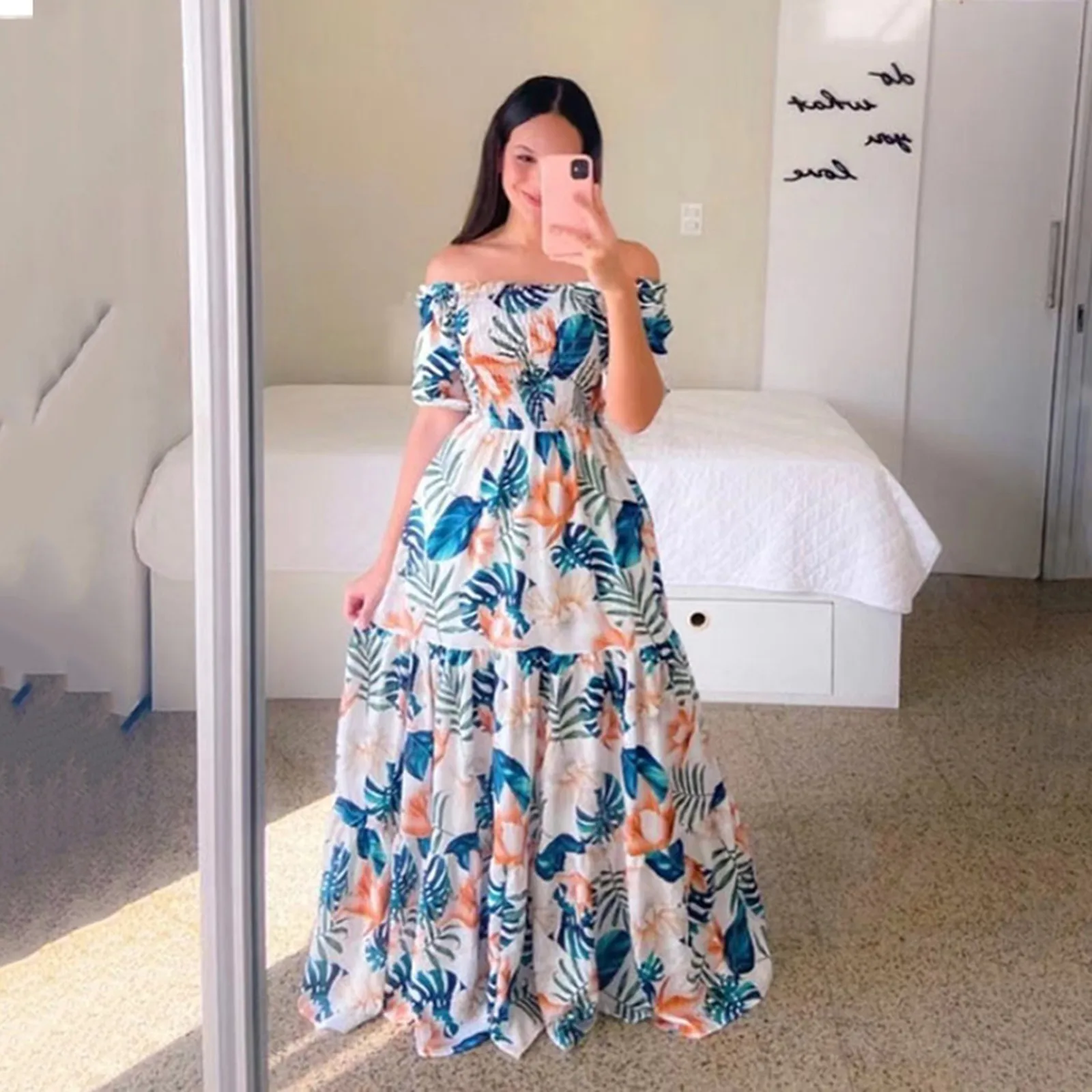 

Летнее Женское Платье макси с открытыми плечами, длинные плиссированные платья с короткими рукавами и высокой талией, короткие платья для п...