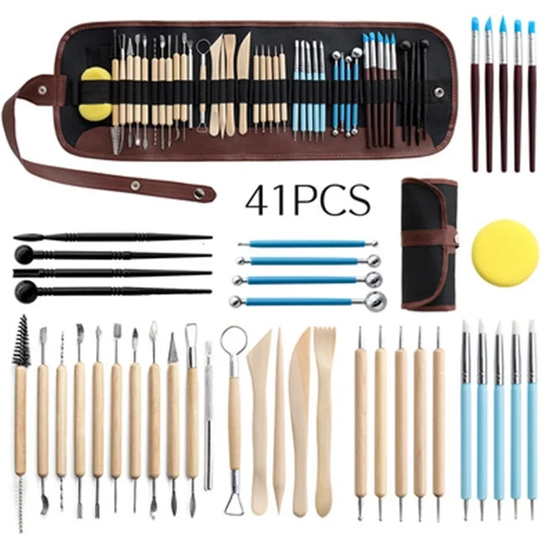 

41pcs/set Pottery Tools Clay Tools Sculpting Kit Silicone Indentation Dot Drilling Pen Clay Carving Knife for Beginner's نحت