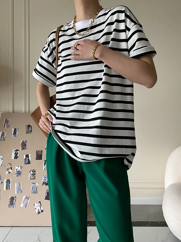 

Женская футболка в полоску ZCSMLL, черная футболка большого размера с круглым вырезом и коротким рукавом, весна-лето 2022, T8834