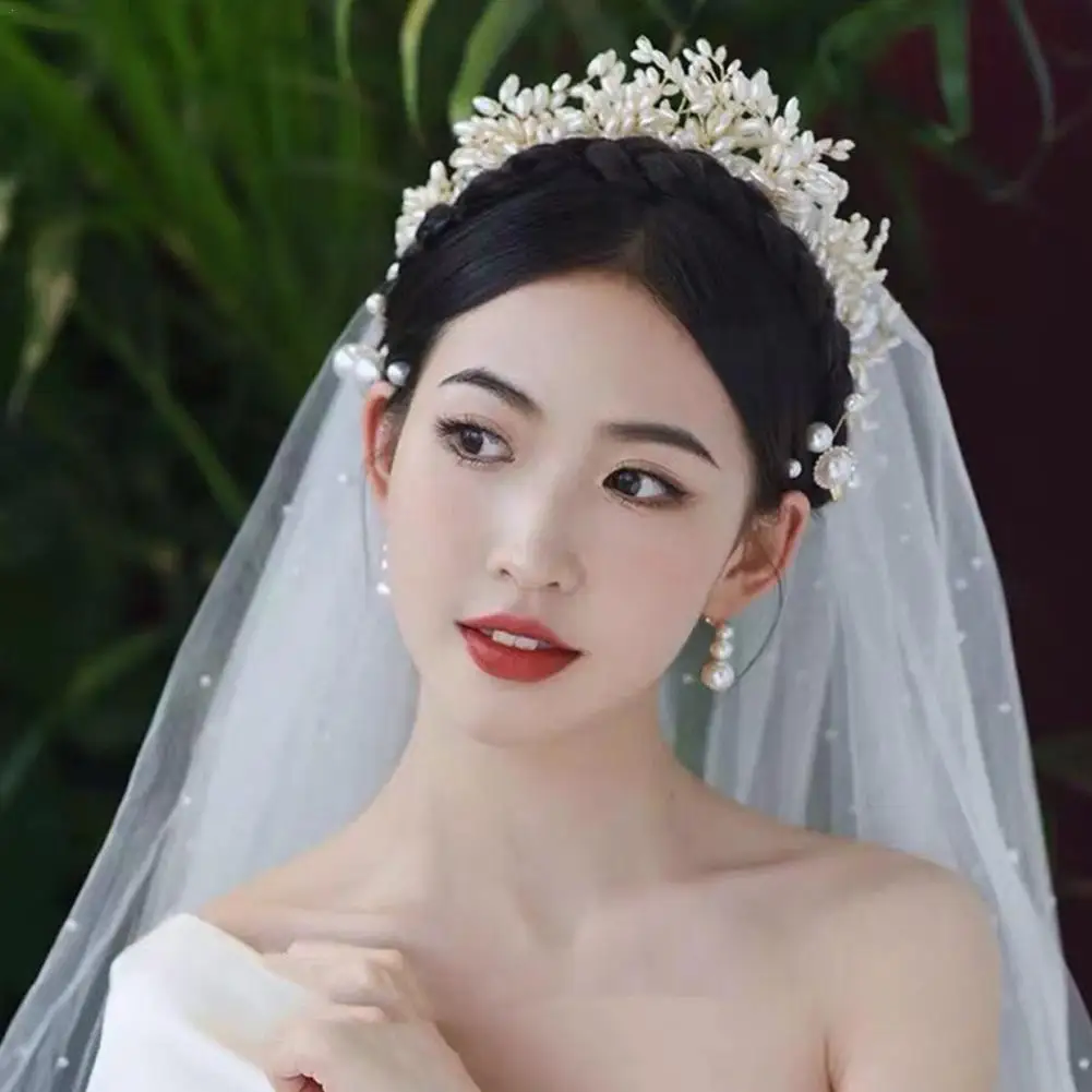 

Hand Woven Hairband Leaf Pearl Headbands For Women Bride Crown Tiara Wedding Hair Accessory L6t6
